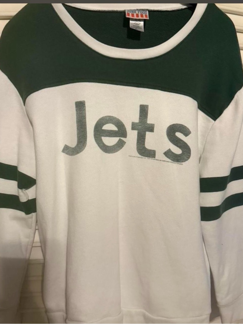 Junk Food Clothing White and Dark Green 'Jets' Crewneck